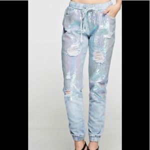 Womens denim sequin jogger pant